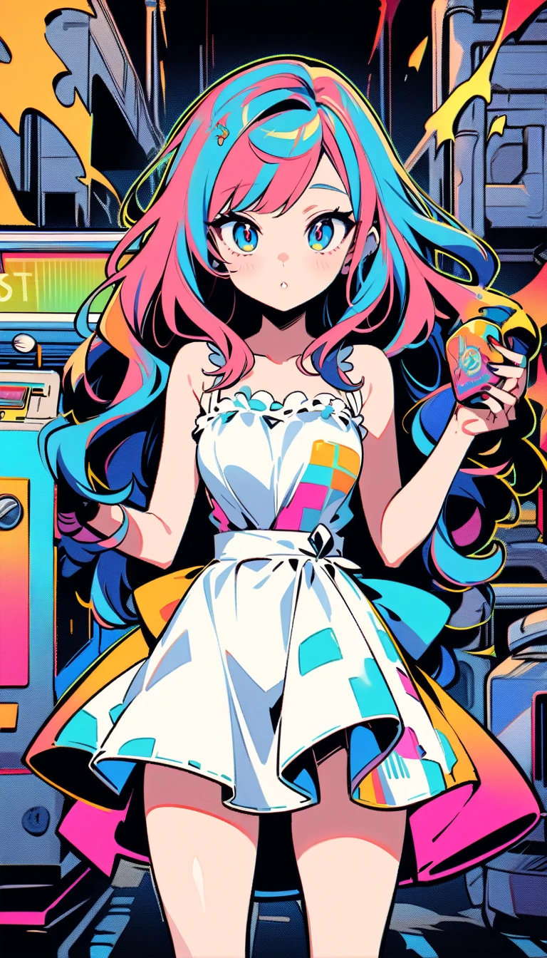 ((best quality)) , ((masterpiece)) , (detailed)，Color splash, (((1girl))) , wearing Shabby Chic Wrap dress, has metallic plating, Colored hair, ((Fossil fuel power station)) in background,pop Art style. bright colors, bold outlines, popular culture themes, ironic or kitsch