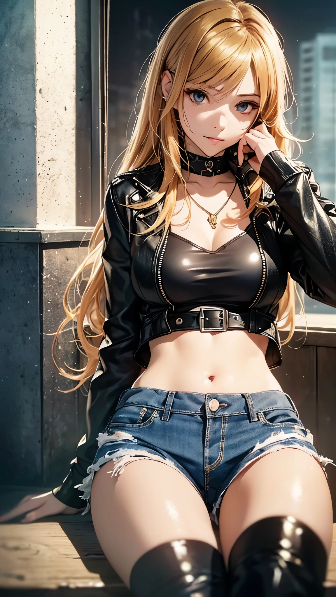 (Best Quality,4K,8K,hight resolution,masutepiece:1.2), Ultra-detailed, (Realistic,photoRealistic,photo-Realistic:1.37), smirk , Unhappy,((Golden hair)), ((Medium Long Hair)),piercings,leather jackets,White crop top, Damaged denim shorts,a necklace,right hand up,Sitting,Lace-up long boots,Beautiful detailed eyes, Beautiful detailed lips, extremely detailed eye and face, long eyelashes, Realistic anime 3D style, Smooth Anime CG Art, Digital rendering by Makoto Shinkai, Moe Anime Art Style, photoRealistic rendering of an anime girl, Shinkai Makoto style, Cute anime girl visuals, Realistic young anime girl, girl fan art, Created by Anime Artist'studio of.
