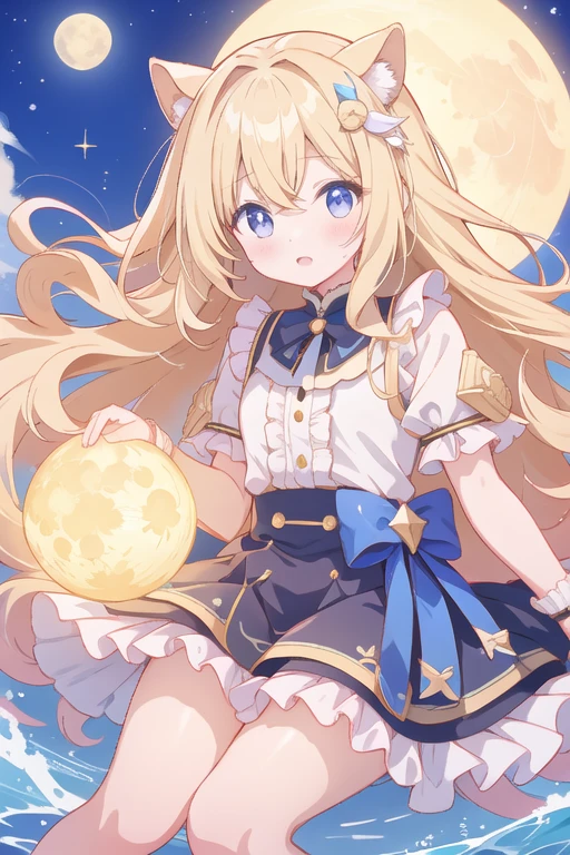 Long wavy blonde hair、About 12 years old、pretty girl、Cute clothes with lots of frills、A big moon in the sky、Lake place