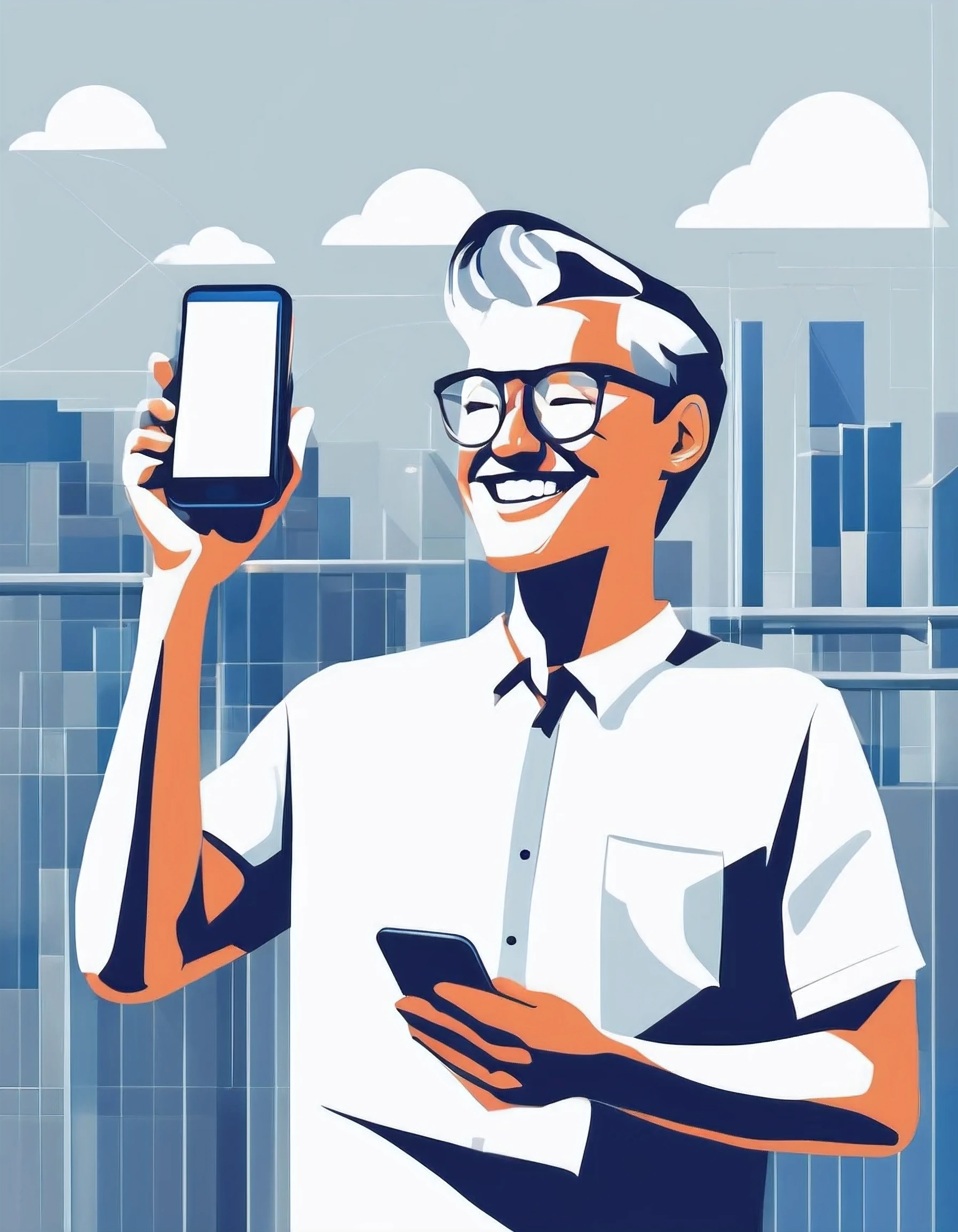 flat illustration of a happy man holding his phone and looking into it, white background, full height, blonde,
It is relatively Modern and uses digitally friendly aesthetics.
Minimalistic nature,
effectively uses white space,
Uses 2D elements,
Use bright colors with high contrasts,
Use grid-based layouts