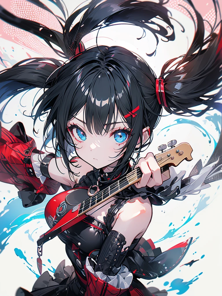 Music, guitar, rock, girl, subculture, twin tails, short black hair with red mesh, facing the microphone