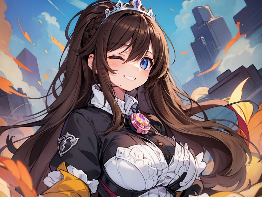 (score_9,score_8_up,score_7_up,score_6_up),masterpiece,best quality,digital art,anime illustration,glowing,high-resolution,source anime,
rating_explicit,
perfect composition, perfect anatomy,
1girl,solo,
BREAK girl,(dark brown hair:1.5),side braid,ponytail,blue eyes,long hair,(large breasts),
smile,laughing with closed eyes,one eye closed,
BREAK princess_dress,frilled dress,(elbow_gloves),tiara,jewel,puffy sleeves,
BREAK medieval europe,outdoor,