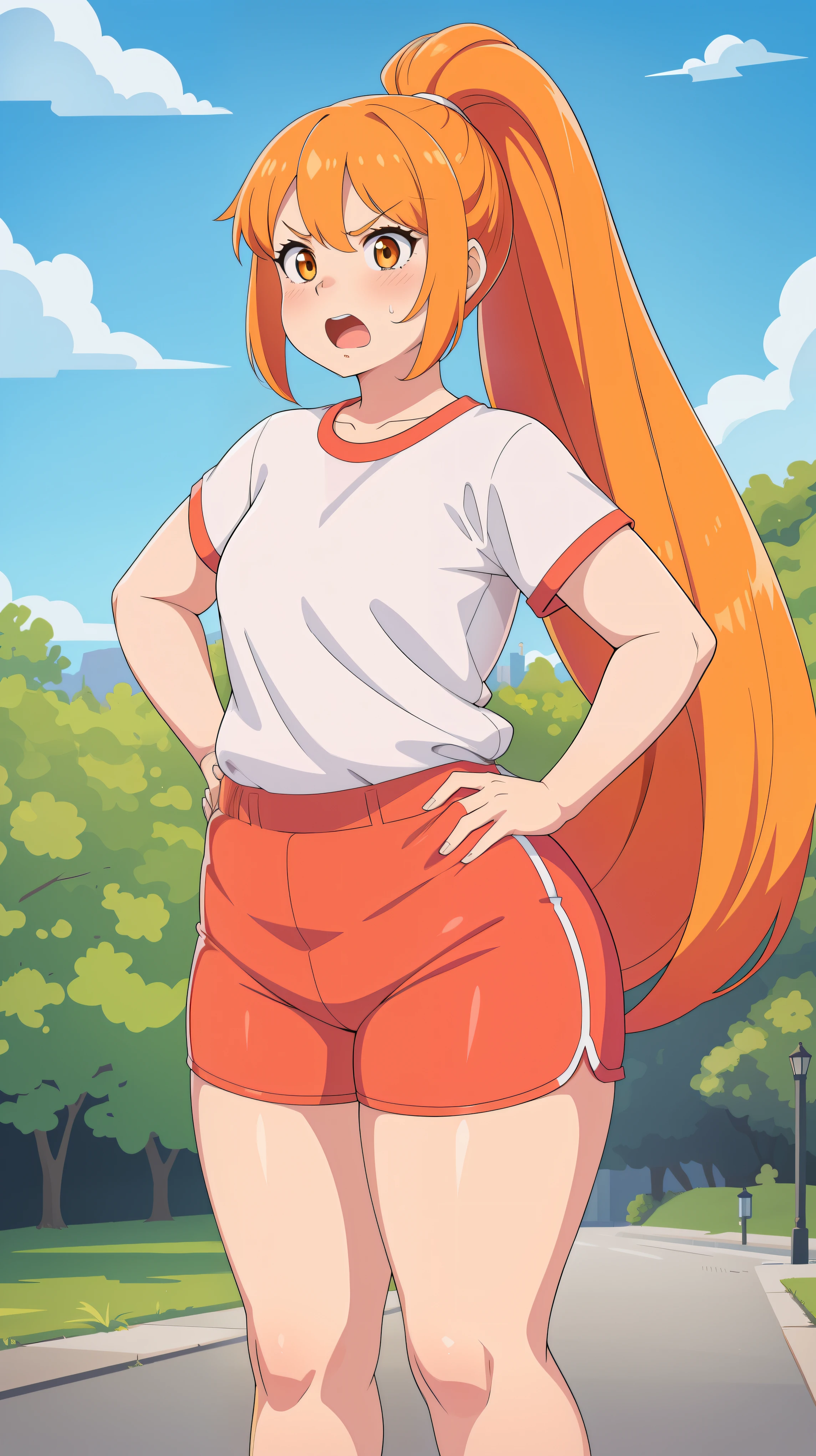 Outside, park, cute white top, grumpy, angry, hands on hips, Looking at viewer,Upper teeth, 1girl, solo, facing viewer,, orange hair, very long hair, high ponytail, blushing, talking open mouth, TallW, (pink, dolphin shorts)