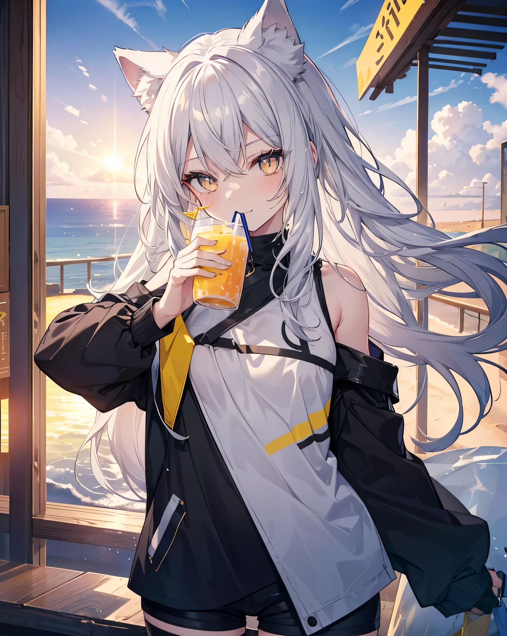 1girl, sea shot, open bar shot, neko ears, cat ears, Gray Hair, Silver Gradient Hair , Complex fabric, Asymmetrical clothing, Virtual YouTuber, highest quality, masterpiece, Dynamic Angle, Looking_return, grab,woman, young,20-year-old, Very long hair, Reverse hair, Silver Hair, Flowing Hair, Grin, Beautiful and delicate golden eyes with black pupils and reflexes, Moderate_chest, Blonde detailed Eyes, White skin, intricate large summer t-shirt, short black_Shorts, Grey clothes with strong yellow accent on details , High resolution, Super detailed,black jacket,Cool composition, scenery, and Black gloves,bare shoulders, loose t-shirt.
Yellow-black Headset on her neck
ACTION: she's drinking a fresh oversaturated yellow fluo drink with lots of ice with ice. He's getting wet drinking the drink, wet shirt. She's in a open door bar at the beach. It's sunsetting. Sunset lightening effects, sunflare, epic summer shot.
