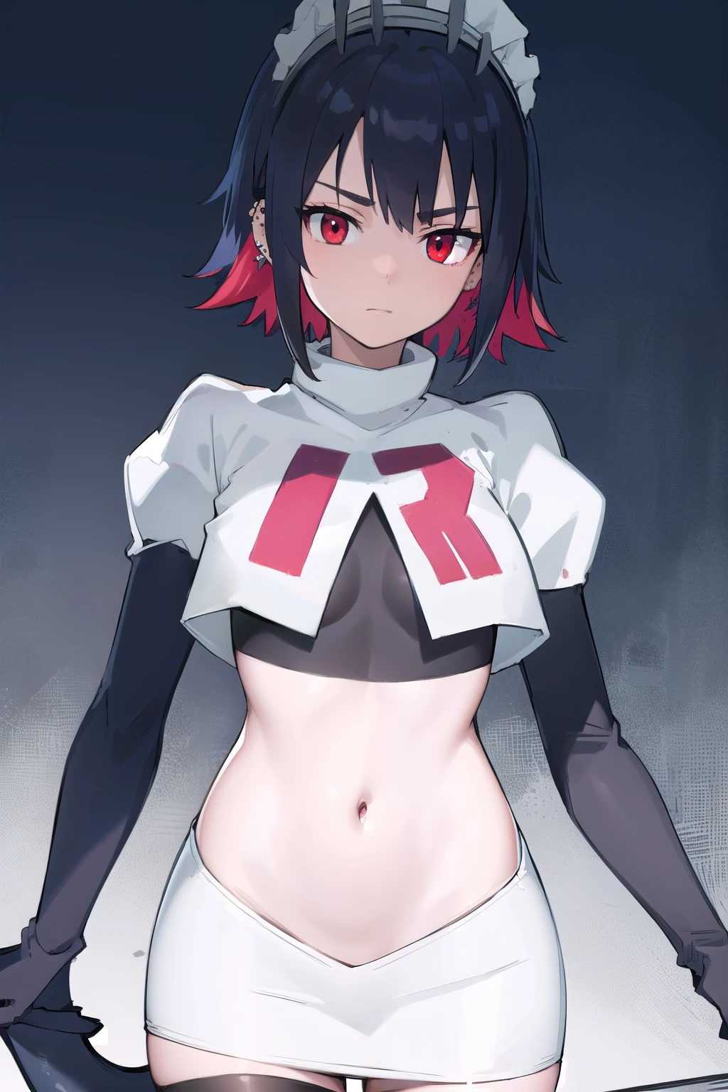 ellenjoe, ellen joe, black hair, colored inner hair, multicolored hair, (red eyes:1.3), red hair, short hair, two-tone hair,
BREAK ear piercing, fins, fish tail, maid headdress, piercing, shark girl, shark tail, tail, two-tone hair, team rocket,team rocket uniform,white skirt,red letter R,crop top,black thigh-highs,black elbow gloves,
BREAK looking at viewer, (cowboy shot:1.5),
BREAK (masterpiece:1.2), best quality, high resolution, unity 8k wallpaper, (illustration:0.8), (beautiful detailed eyes:1.6), extremely detailed face, perfect lighting, extremely detailed CG, (perfect hands, perfect anatomy),