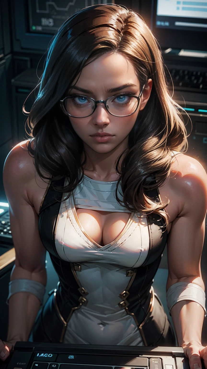 {Margot Robbie, (with large glasses, Headphone Headphone playing on gaming computer)}, shows the whole body, smooth and soft skin, big, dreamy eyes, beautiful intricate, symmetrical hair, anime wide eyes, soft lighting, face detailed, por Makoto Shinkai, stanley artgerm lau, WLOP, rossdraws,, conceptual artwork, digitalpainting, Looking at a computer screen, whole body.