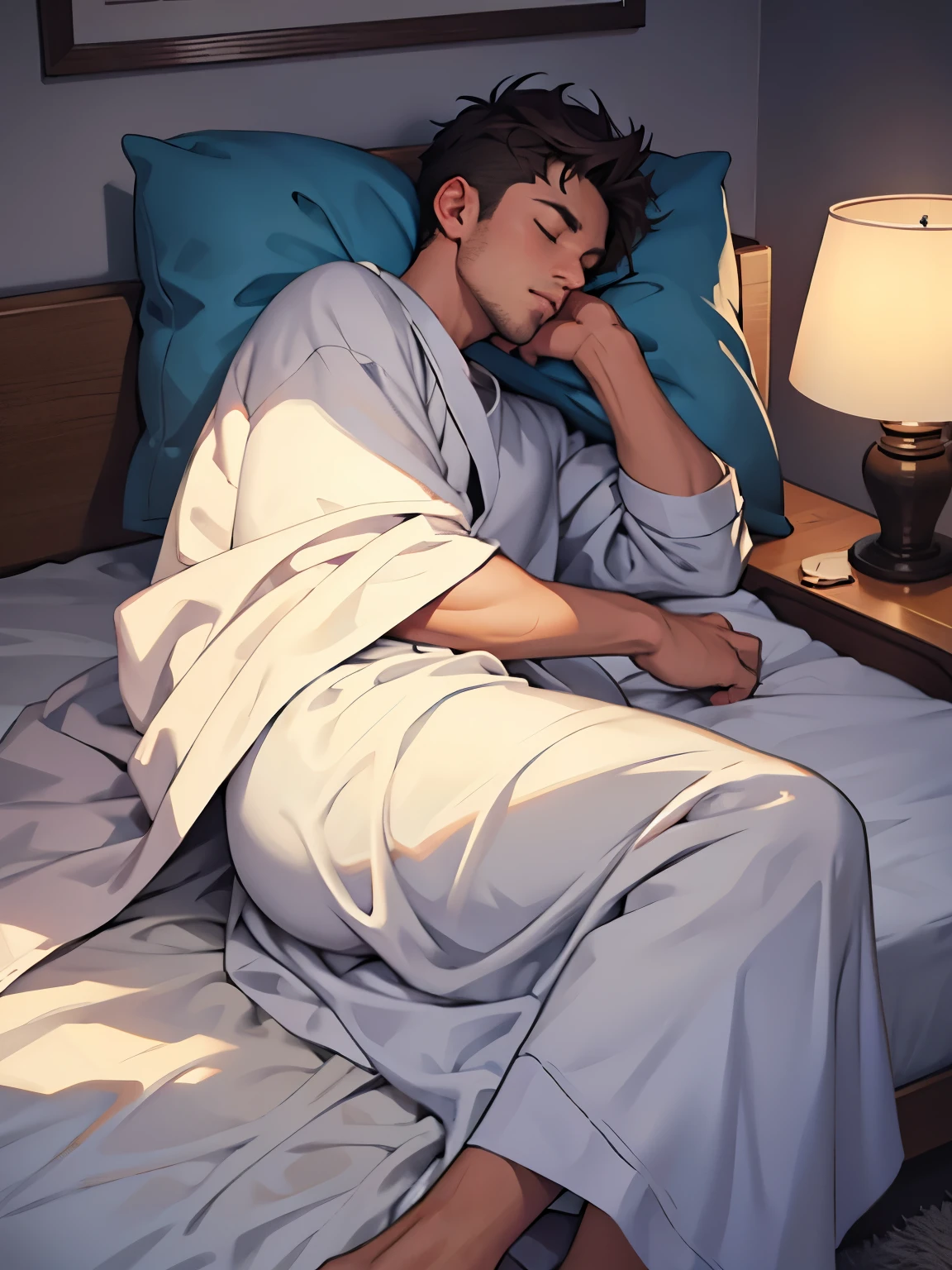 guy sleeping on bed, covered in a blanket