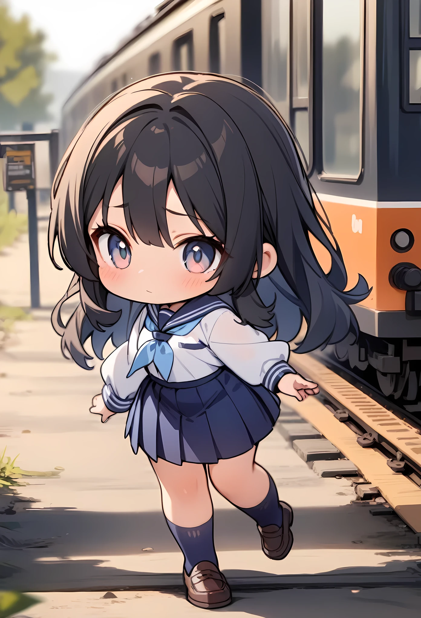 full_body,cute,chibi, masterpiece, best quality, very aesthetic, absurdres, 1girl,,,akebi_komichi, akebi-chan_no_serafuku, 1girl, black_hair, long_hair, hair_behind_ear,blue_sailor_collar, blue_skirt, pleated_skirt, blue_socks, long_sleeves, brown_footwear, loafers,by the railway,blur background,background defocus,