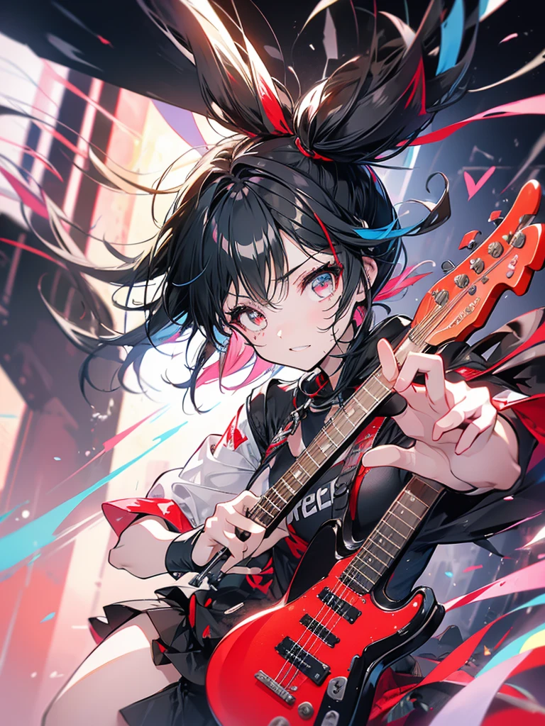 Music, guitar, rock, girl, subculture, twin tails, short black hair with red mesh, facing the microphone