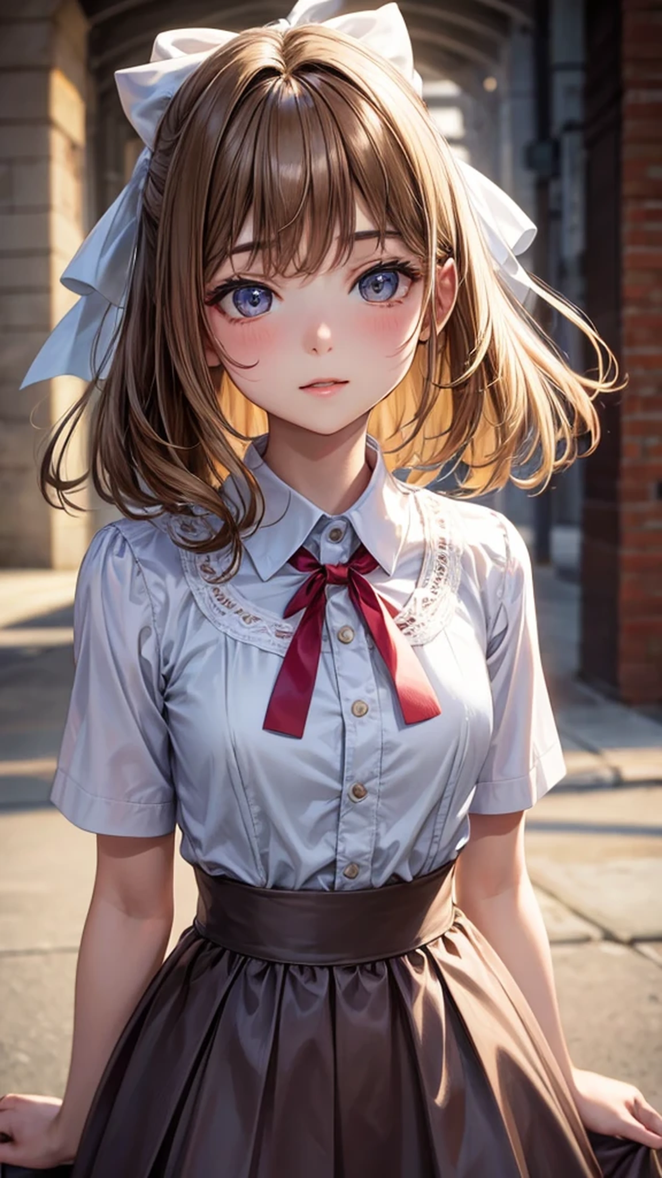 (Very delicate and beautiful: 1.2), 1 girl, Fashi girl, smooth, Beautiful eyes, bow, brown hair, gag, side, hair between the eyes, hair bow, short sleeve, looking at the audience, medium hair, alone, upper body, School uniform: 1.3, ((alone)), (Masterpiece), Blonde
