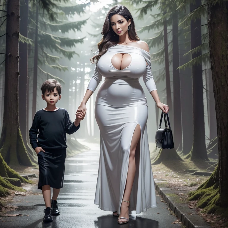 fine art portrait of a very elegant 35yo European woman, highest quality, sexy face high resolution, Eleonora Pavinat 35yo old, woman, sexy loose sweater, sexy long skirt, very long loose skirt, high heels, woman with ((extremely heavy huge breasts)), ((gigantic oversized breasts,)) plus size, slim waist, wide hips, extremely erotic lady, walking in the deep forest with her little son, (((holding hand with her son))), her little son staring at her unbelievable gigantic breasts.
