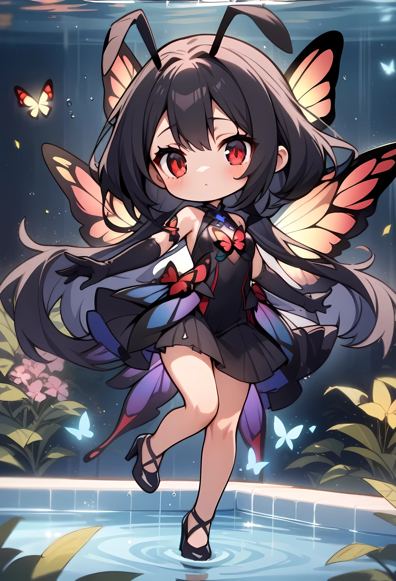 full_body,cute,chibi, masterpiece, best quality, very aesthetic, absurdres, 1girl,,,kuroyukihime, accel_world, 1girl, antennae, black_hair, long_hair, very_long_hair, red_eyes, butterfly_wings, insect_wings, wings, hair_ornament, dress, elbow_gloves, gloves, black_gloves, black_footwear, high_heels,,in swimming pool,luminous butterflies, fluttering butterflies,