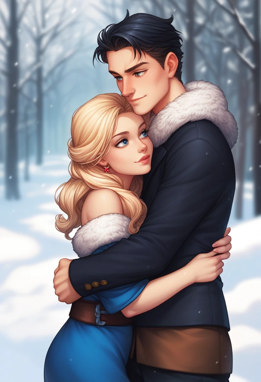 (SFW)Similar art Jonh Buscema(absurdres, highres, ultra detaild), 2others, couple, 1boy com 1girl, mellow, (Height difference1.3), different hair color color, glad, Amemos, (Hug), upperbody, long hair, blonde and black hair, fancy, Russia, winter, knight and lady, cloused mouth