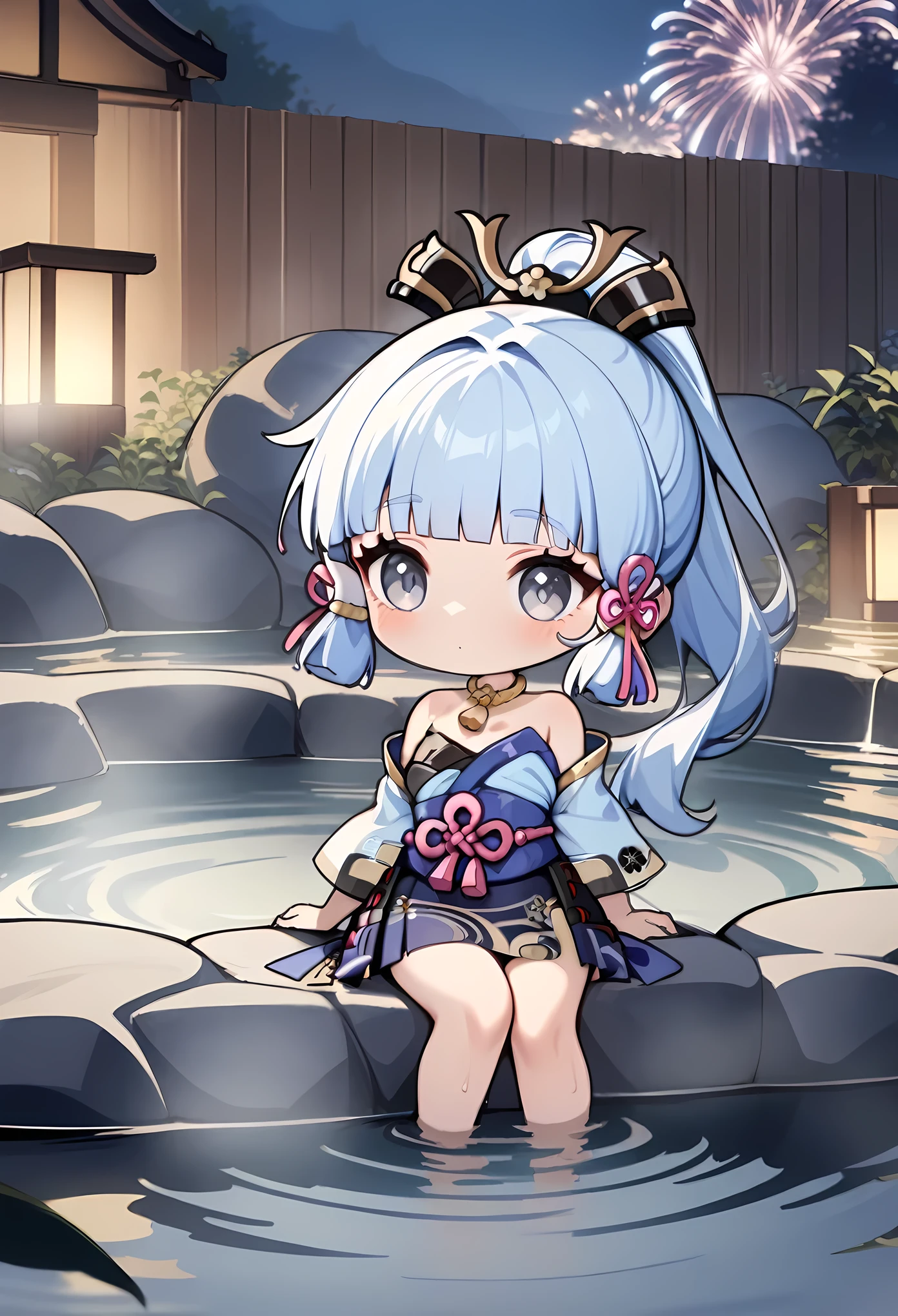 chibi, masterpiece, best quality, very aesthetic, absurdres, 1girl, full_body,cute,,,Kamisato Ayaka,Kamisato Ayaka(genshin impact), light blue hair, blunt bangs, a small gold ornament, grey eyes, ponytail , blue Japanese clothes, obi,in hot spring,Onsen,gorgeous Fireworks in sky,