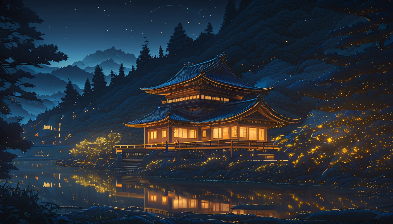 masterpiece, best quality, number, illustration, Anime style background, landscape, Low exposure, 4K resolution, Extreme details, Very detailed, night, light, Trees, Comfort, architecture, very aesthetic