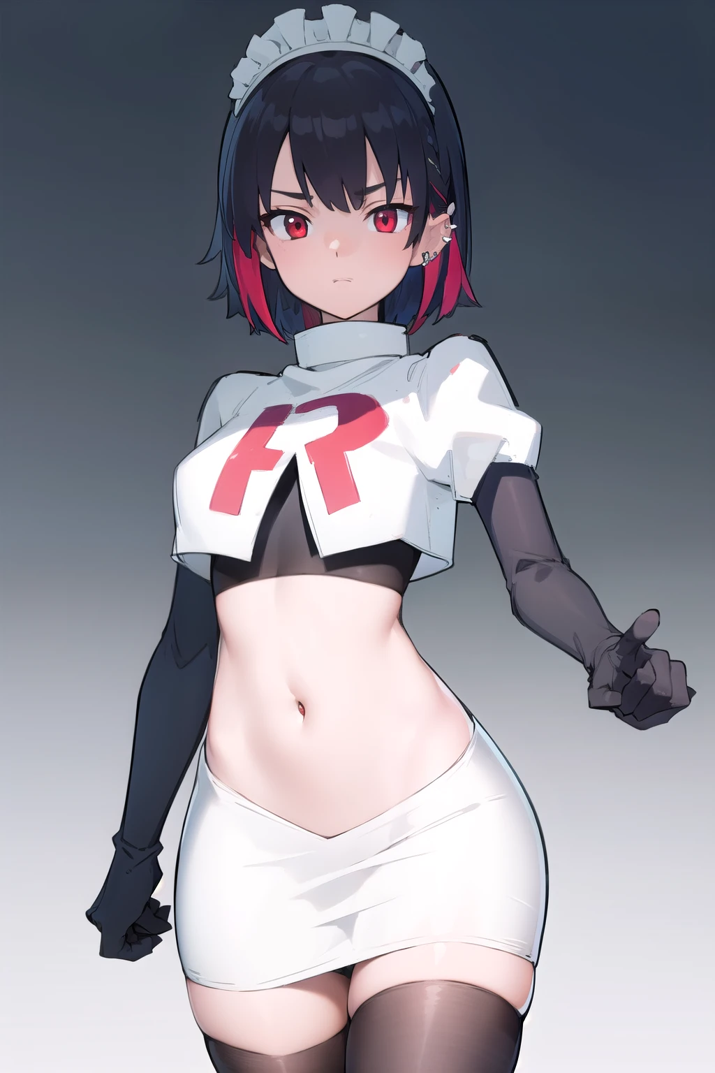 ellenjoe, ellen joe, black hair, colored inner hair, multicolored hair, (red eyes:1.3), red hair, short hair, two-tone hair,
BREAK ear piercing, fins, fish tail, maid headdress, piercing, shark girl, shark tail, tail, two-tone hair, team rocket,team rocket uniform,white skirt,red letter R,crop top,black thigh-highs,black elbow gloves,
BREAK looking at viewer, (cowboy shot:1.5),
BREAK (masterpiece:1.2), best quality, high resolution, unity 8k wallpaper, (illustration:0.8), (beautiful detailed eyes:1.6), extremely detailed face, perfect lighting, extremely detailed CG, (perfect hands, perfect anatomy),