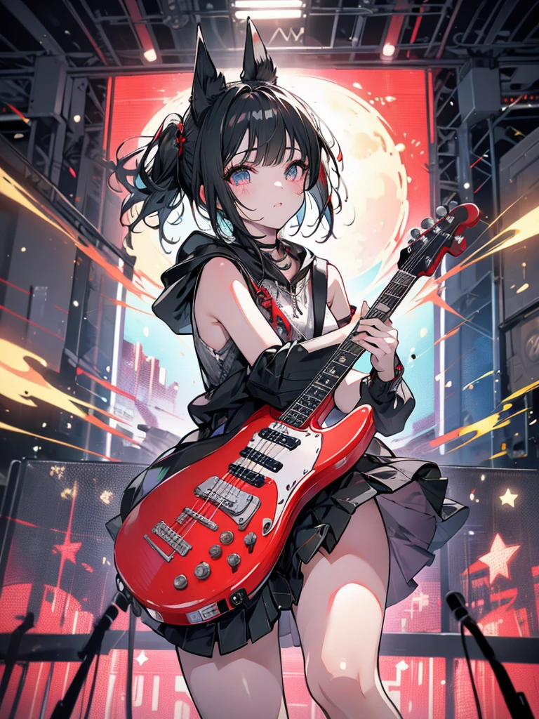 Music, guitar, rock, girl, subculture, twin tails, short black hair with red mesh, facing the microphone