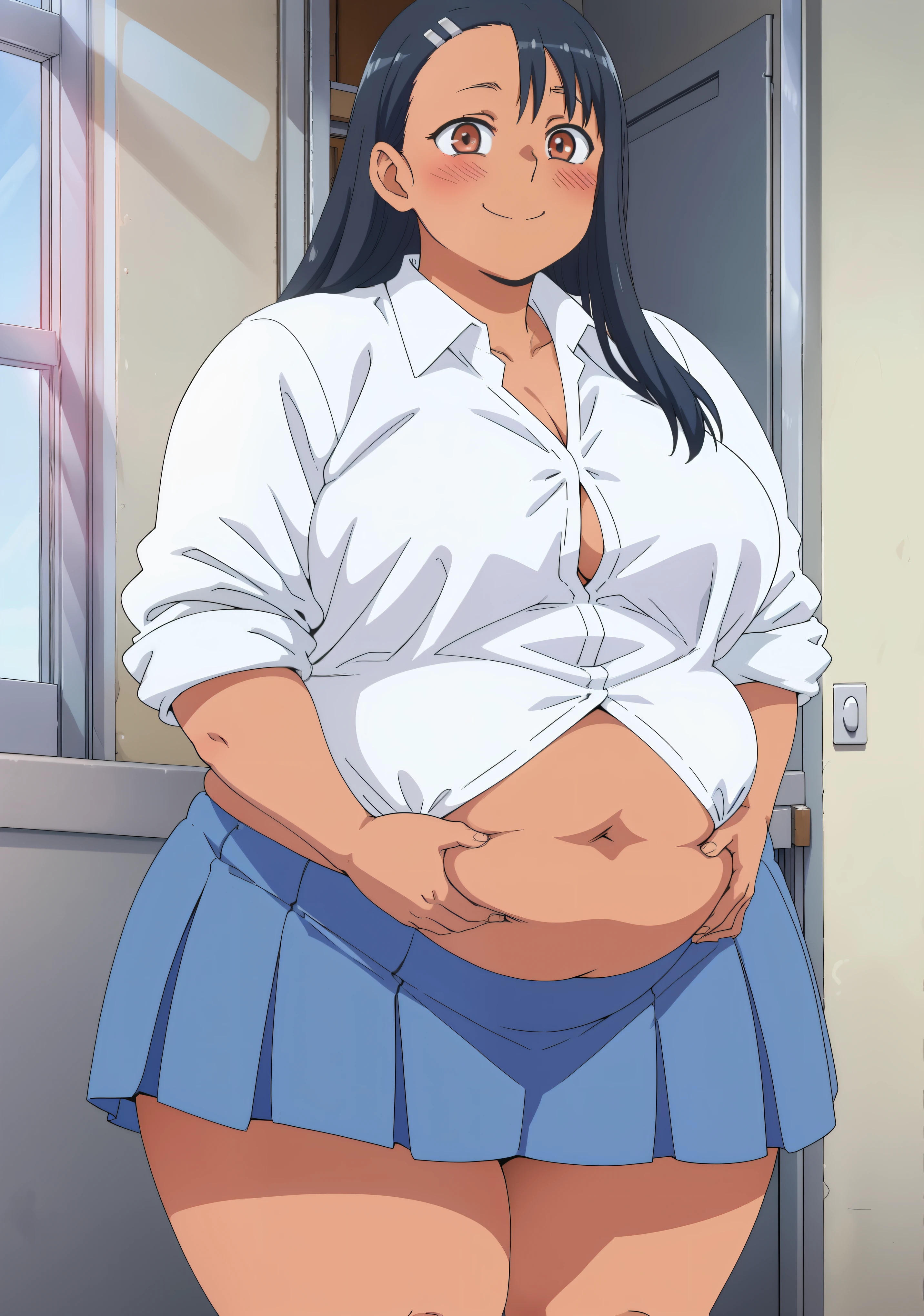 Obese nagatoro hayase, dark skin, blue skirt, obese body, fat arms, fat belly, thick thighs, happy, small breasts, blush, best quality, masterpiece, perfect lighting, arms behind back, 4K