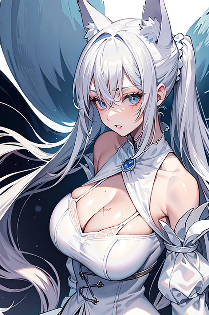best qualtiy，tmasterpiece，The is very detailed，4K，Gray hair and shallow eyes，Drag cool expressions，Wolf ears，Erect scar on the left eye，British style，1girl，Absolutely beautiful, huge breasts, white costume, animal ear Scrunchie