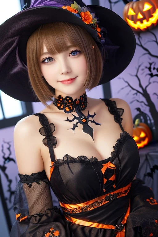 ((from below,upper body),a 20 year old girl, detailed cutie face, beautiful detailed eyes, detailed dropped eyes, beautiful charming smile, extremely detailed face,slender,short hair,anime style, halloween costume:2.0), Hires.fix,colorful lights, pumpkin decorations, haunted house, best quality, 4k, highres, masterpiece, realistic, photorealistic, photo-realistic, vivid colors, intricate details, fantasy, soft lighting, magical