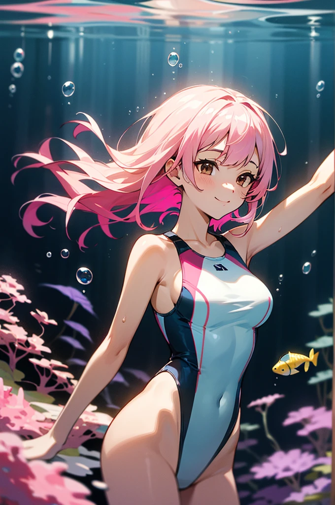 score_9, score_8_up, score_7_up, source_anime, 1 girl, medium breasts, multicolored hair, pink hair, white hair, two toned hair, brown eyes, swimsuit, underwater, light blue atmosphere, air bubbles, hands behind back, light smile, masterpiece, best quality, highres, 4K, 8k