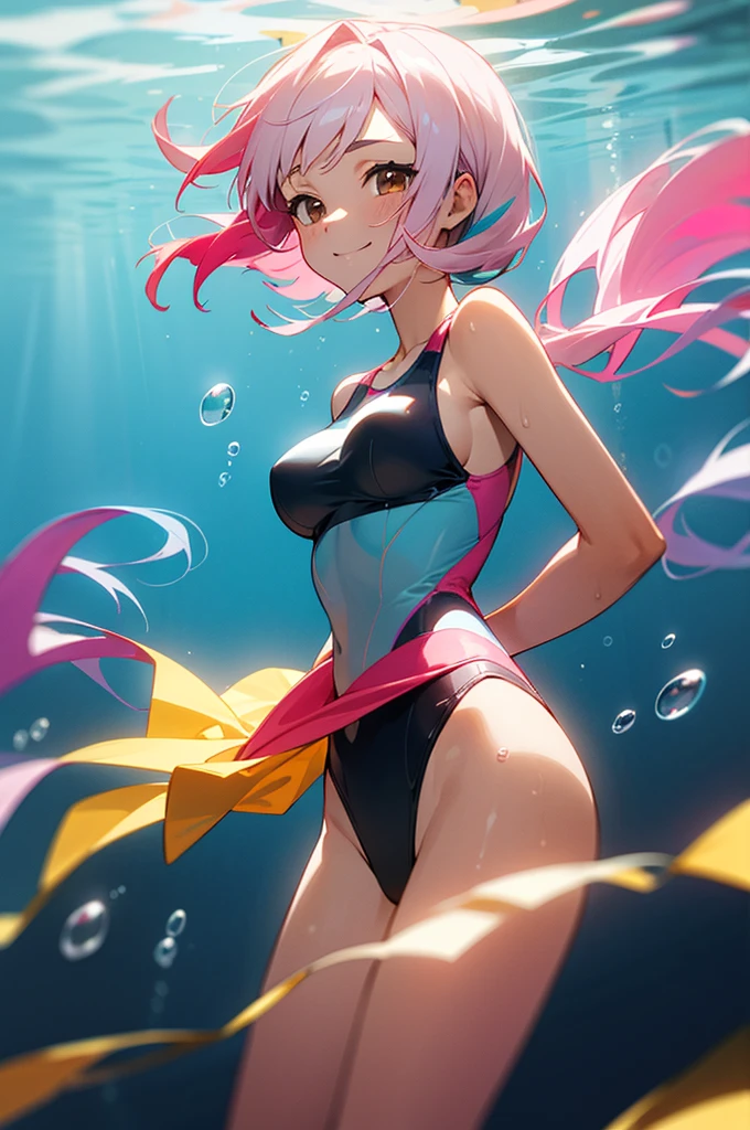 score_9, score_8_up, score_7_up, source_anime, 1 girl, medium breasts, multicolored hair, pink hair, white hair, two toned hair, brown eyes, swimsuit, underwater, light blue atmosphere, air bubbles, hands behind back, light smile, masterpiece, best quality, highres, 4K, 8k