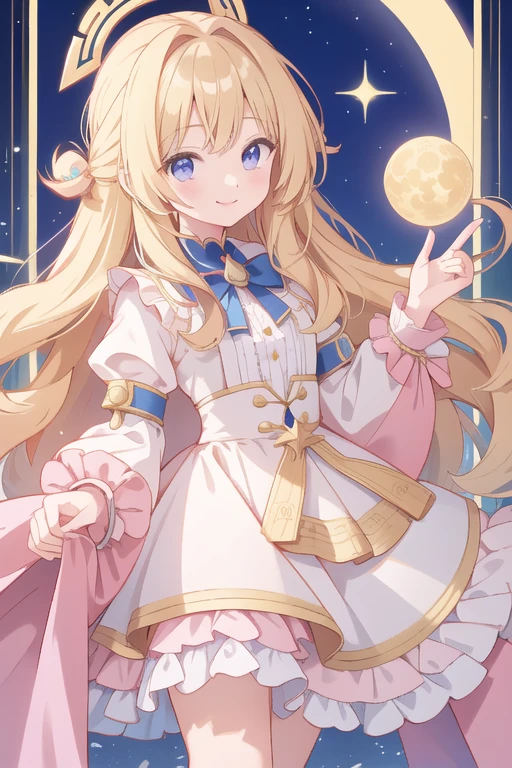 Tarot card style background、Long wavy blonde hair、About 、pretty girl、Cute clothes with lots of frills、Holding the moon、smile