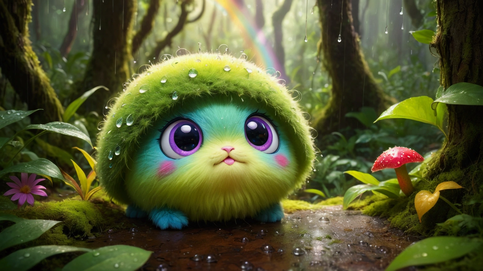 a fantastic little fluffy creature looks like a cute little ball, shaped like a fruit with short arms and legs, furry and cuddly, and big, expressive eyes, , She is on the forest floor, sheltering herself from the rain, in a vibrant and enchanting scene of a magical forest.
there is lush vegetation, colorful flowers and small raindrops. In the background, sunlight filters through the trees, creating a soft glow, and a rainbow curves gracefully in the distance. The overall atmosphere of the image is serene and magical, evoking a sense of wonder and joy.