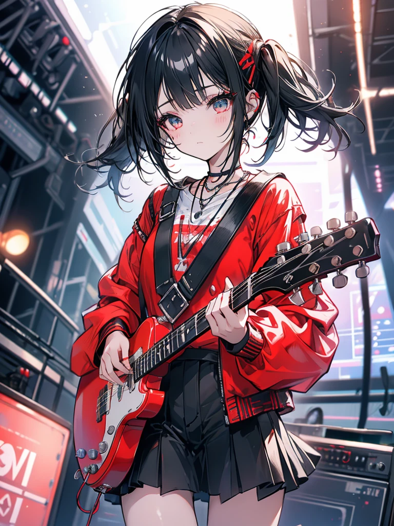 Music, guitar, rock, girl, subculture, twin tails, short black hair with red mesh, facing the microphone