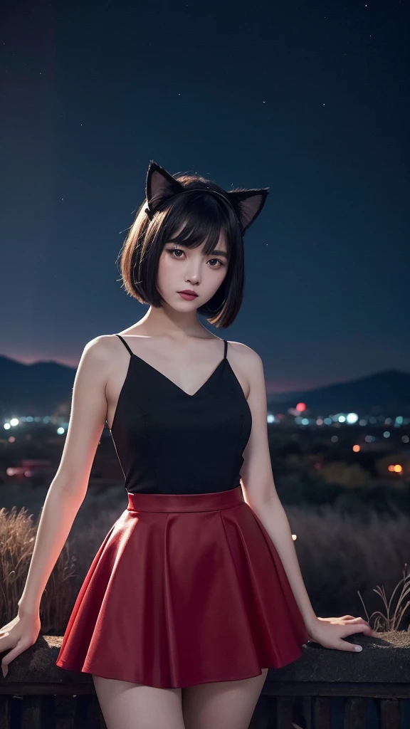 Delicate and dainty young woman with shiny bob-cut black hair and cat ears. She is wearing red only mini-skirt dress. The background is a fantastic and ethereal night sky that seems to be haunted by a specter. Her expression is stern and atmospheric. Angle from directly below