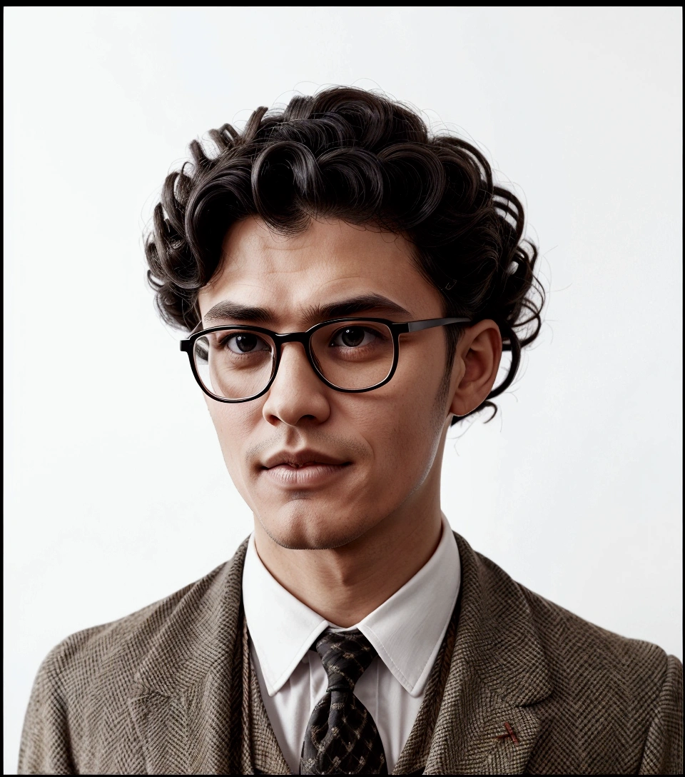Wearing glasses、Tweed suit, Nerd-like man, Anglo-Saxon、breast enhancement, 1920s attire, Curly Hair、Black Hair