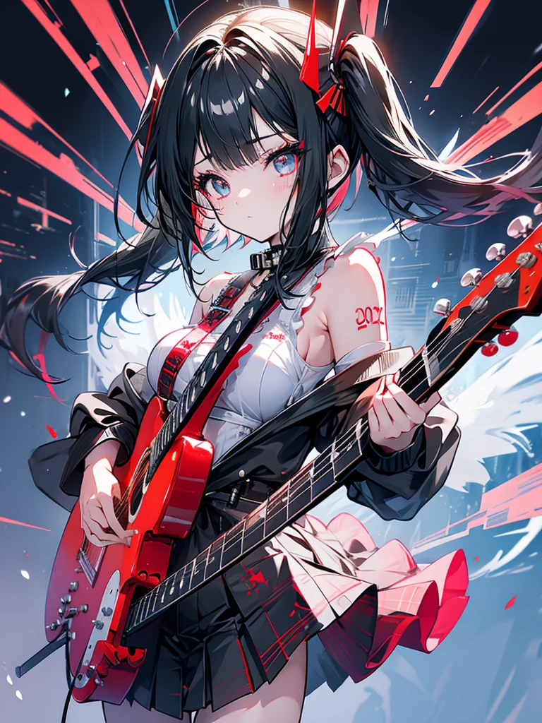 Music, big guitar, rock, girl, subculture, twin tails, short black hair with red mesh, facing the microphone