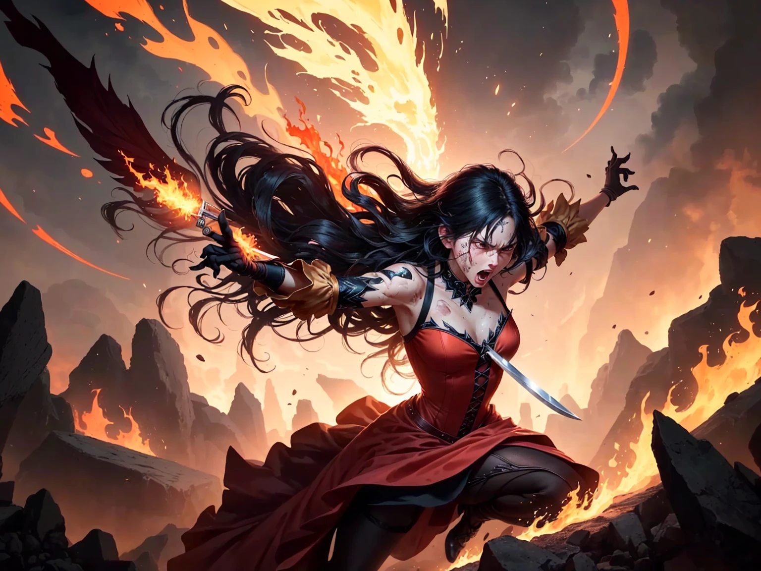 ((best quality)), ((masterpiece)), (detailed), A digital illustration of an injured long black haired woman falling from the air attacking on a monster's hands with a magical knife with a furious expression on her face. She is wearing a peach-colored princess dress and the background is fiery lava
