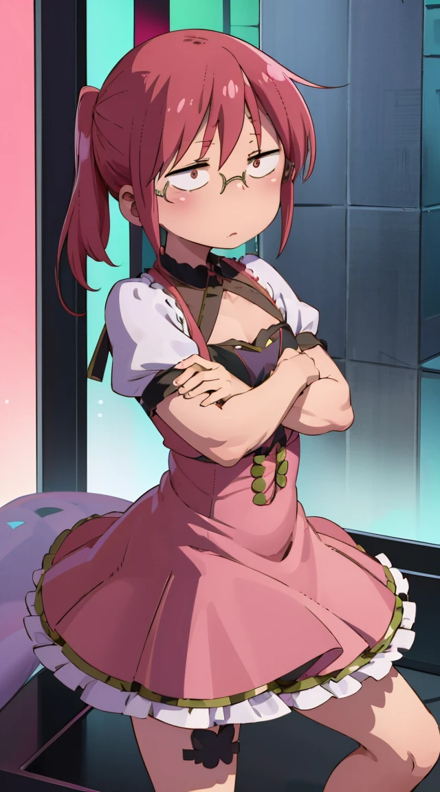 ((badhandv4)) Kobayashi, (Bust size very very small.)),  (flat chest:1.2), Posing embarrassed, Idol Dress, dress color rosa