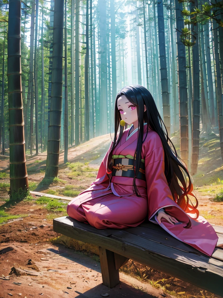 (high res, 8K, masterpiece, looking at viewer, best quality, very aesthetic, ultra detailed), intricate details, 1girl, Nezuko Kamado, (Demon Slayer), haori, Japanese clothing, kimono, pink kimono, bamboo in his mouth, plump body, Long black hair, long hair reaching the waist, Pink Eyes, Sitting on A park bench , Background Village, Mountain, Forest, Cinematic Angle