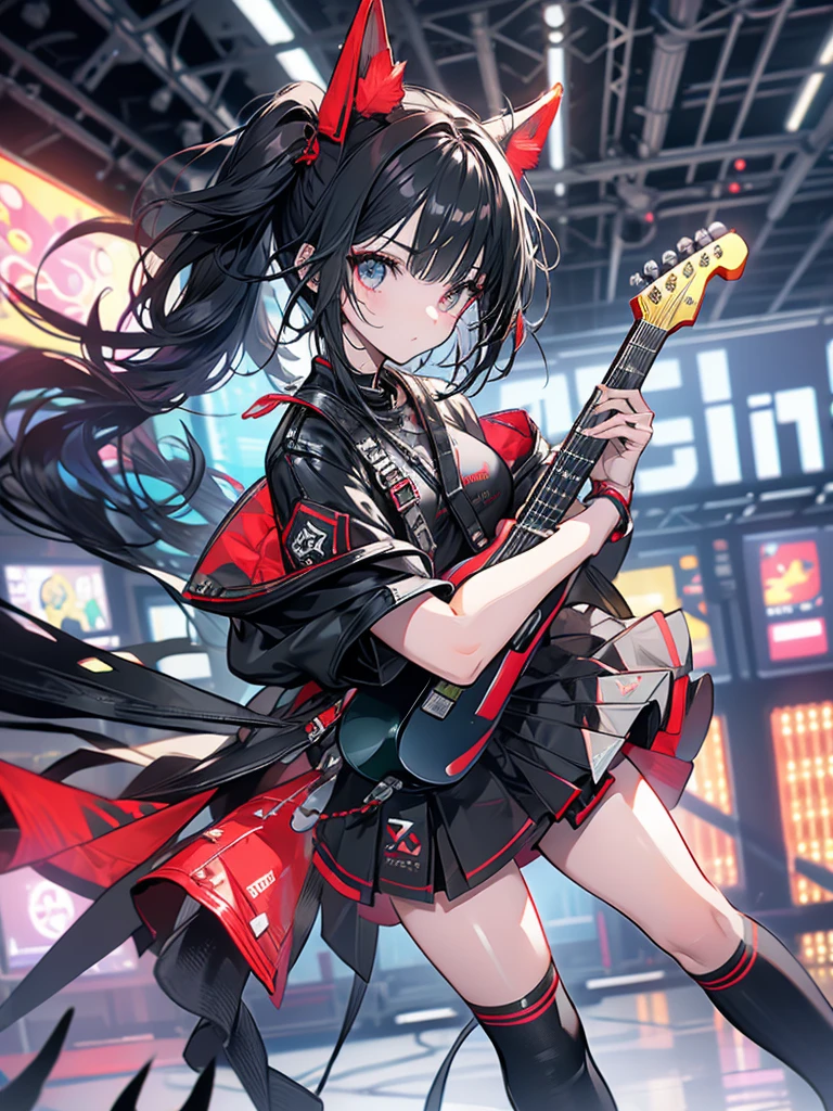 Music, big guitar, rock, girl, subculture, twin tails, short black hair with red mesh, facing the microphone