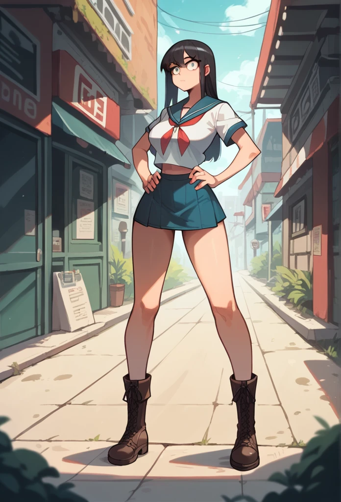 Masterpiece, best quality, high resolution, 1 woman , Ichika , long straight black hair , A cold expression , sailor shirt , short skirt , boots, Long legs , full body , abdomen , big breasts , Put your hands on your hips...... , roadside