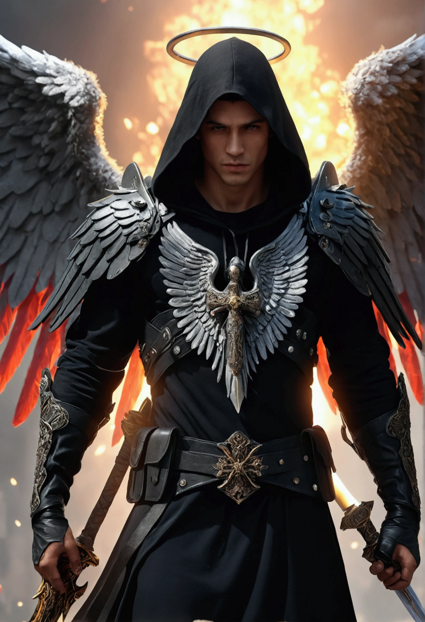realistic, 4k, cinematic, an angel with big wings on his back, black clothes, a sword, a hood on his head in the background image of war (chaos), masterpiece