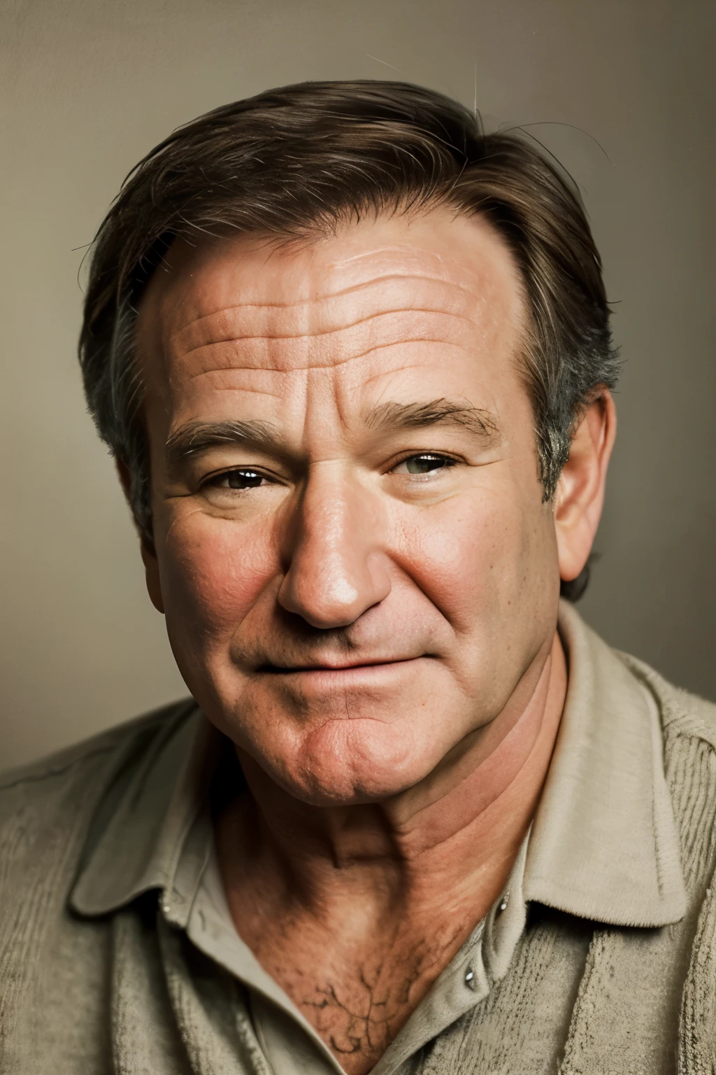 A realistic portrait of Robin Williams, capturing his gentle smile and kind, expressive eyes. He is depicted in a serene moment, with a soft, warm background that subtly includes elements from his most beloved roles. The lighting is gentle, emphasizing the warmth and compassion in his expression. The style is a blend of realism and impressionism, with delicate brushstrokes that add a touch of softness and depth to the image.
