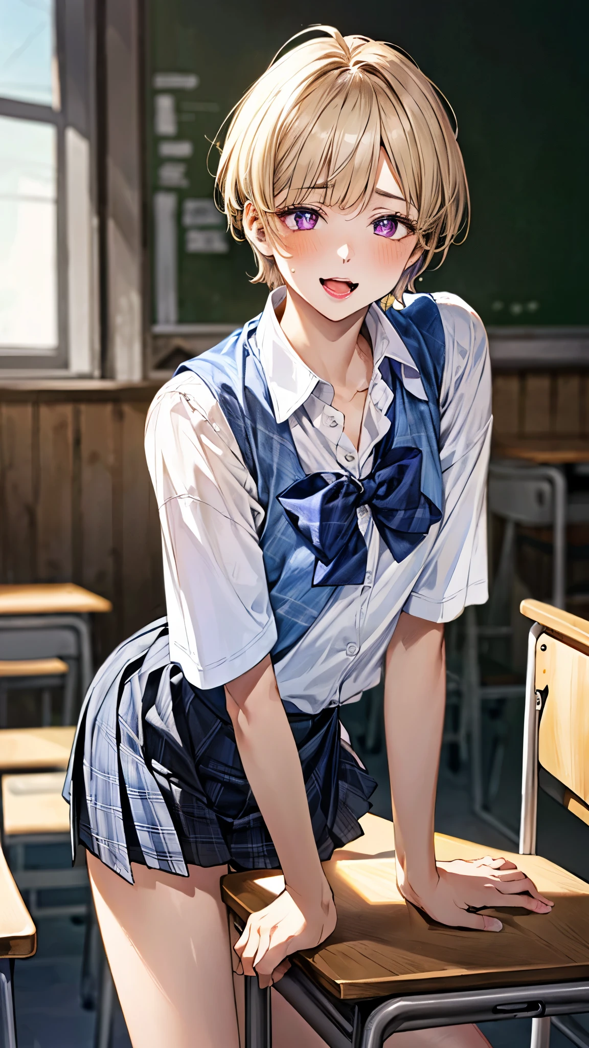 (masterpiece:1.3, top-quality, ultra high res, ultra detailed), (realistic, photorealistic:1.4), beautiful illustration, perfect lighting, natural lighting, colorful, depth of fields, surrealism,
beautiful detailed hair, beautiful detailed face, beautiful detailed eyes, beautiful clavicle, beautiful body, beautiful chest, beautiful thigh, beautiful legs, beautiful fingers, shiny skin, babyface,
looking at viewer, 1 girl, japanese, high school girl, (perfect anatomy, anatomically correct, super detailed skin), cute and symmetrical face, perfect face, perfect eyes, perfect fingers,
(short hair, pixie cut hairstyle, blonde hair), asymmetrical bangs, gold eyes, big eyes, long eyelashes, (medium breasts, seductive thighs), slender, outstanding style,
((detailed cloth texture, break short sleeve white collared shirt, break navy blue suit vest, break blue plaid pleated skirt, break purple blue bow tie), socks, black loafer),
(beautiful scenery), (classroom, desk), (standing, leaning forward), (table humping, crotch rub), (heart shaped pupils, :3, aroused, ahegao, orgasm, in heat, naughty face, open mouth small),