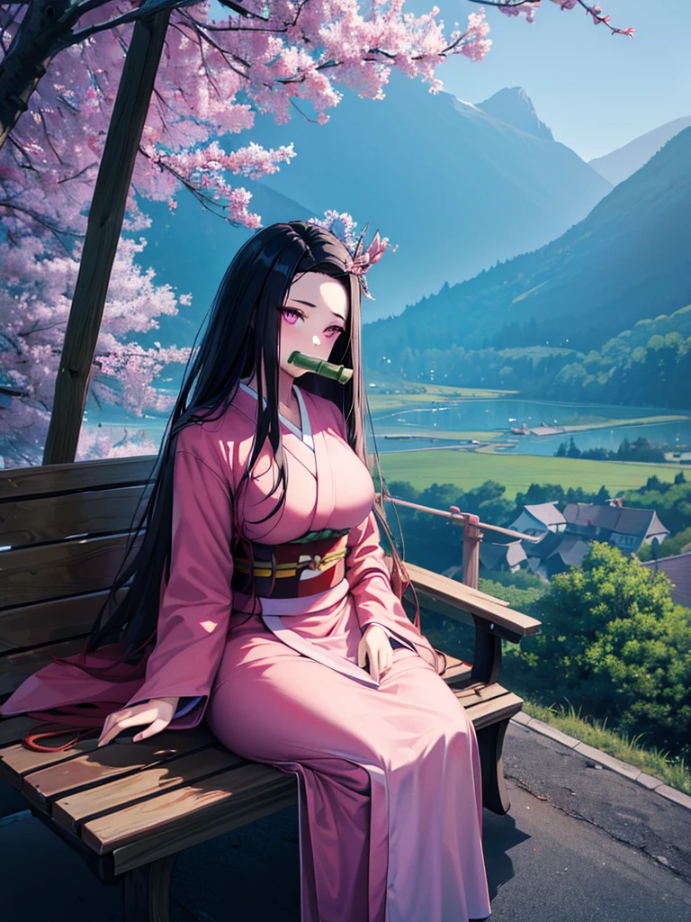 (high res, 8K, masterpiece, looking at viewer, best quality, very aesthetic, ultra detailed), intricate details, 1girl, Nezuko Kamado, (Demon Slayer), haori, Japanese clothing, kimono, pink kimono, bamboo in his mouth, plump body, Long black hair, long hair reaching the waist, Pink Eyes, Sitting on A park bench , Background Village, Mountain, Forest, Cinematic Angle