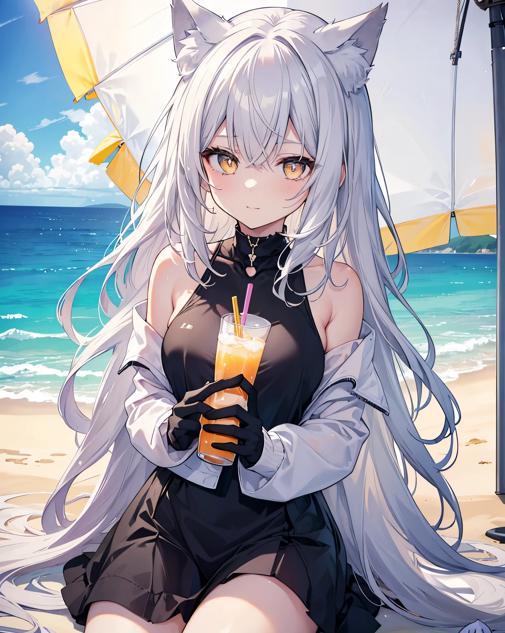 1girl, sea shot, open bar shot, neko ears, cat ears, Gray Hair, Silver Gradient Hair , Complex fabric, Asymmetrical clothing, Virtual YouTuber, highest quality, masterpiece, Dynamic Angle, Looking_return, grab,woman, young,20-year-old, Very long hair, Reverse hair, Silver Hair, Flowing Hair, Beautiful and delicate golden eyes with black pupils and reflexes, Moderate_chest, Blonde detailed Eyes, White skin, intricate large summer t-shirt, yellow intricate bikini , High resolution, Super detailed,black jacket,Cool composition, scenery, and Black gloves,bare shoulders, loose t-shirt.
Yellow-black Headset on her neck. She's super happy, she's enjoying the beach.

ACTION: she's drinking a fresh oversaturated yellow fluo drink with lots of ice with ice. He's getting wet drinking the drink, wet shirt. She's sitted on A beach Deckchair under the Beach umbrella . It's sunsetting. Sunset lightening effects, sunflare, epic summer shot.