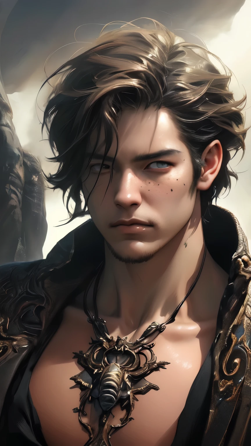 "Create a digital painting with a realistic and detailed style, inspired by fantasy art and concept art. The character should have strong, exaggerated features, with high detail and dramatic lighting. Include elements of realism with a touch of stylization." digital painting," "fantasy art," "concept art," "realistic," "high detail" 1 man, muscular, rugged, trailer background, drinking bee