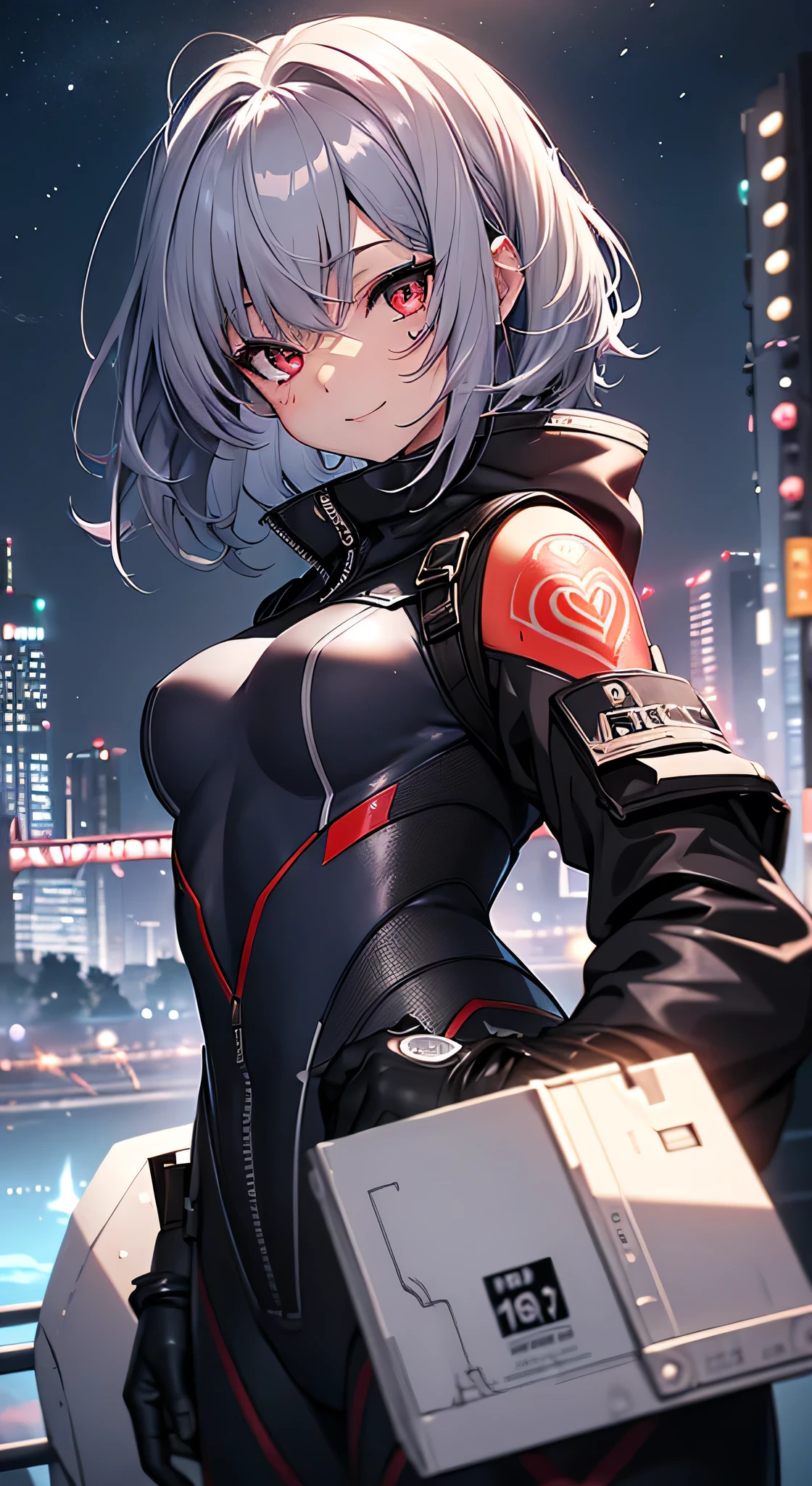 top-quality、Top image quality、in 8K,4K,masterpiece、、ultra-detailliert、Beautiful、ultra-quality、adult-like、Cool、girl with(((18year old、rubbersuit:1.2、、silber hair、a short bob、Red Eyes、erotick:1.1、Happiness、The tattoo)))、hiquality、visualart、Background with((nightcity:1.2))、masutepiece