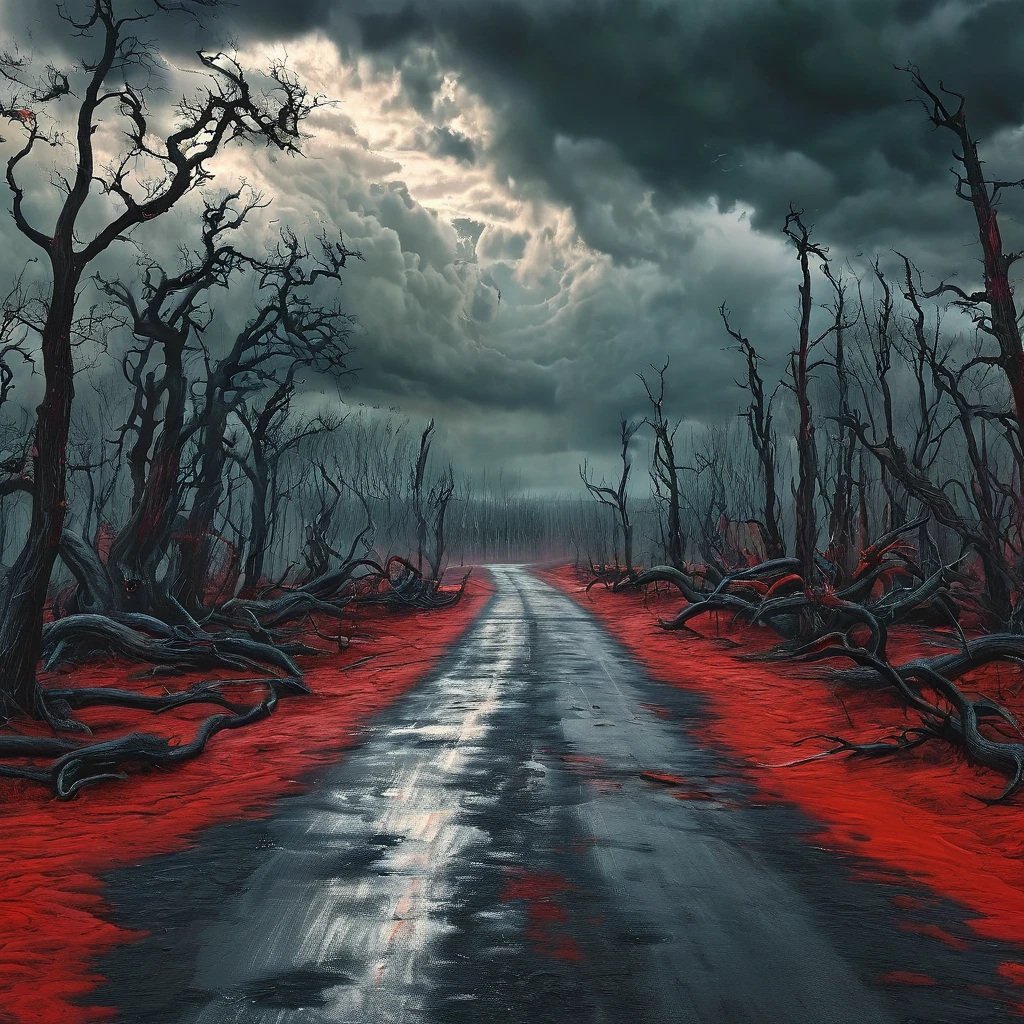 road to hell,Dead trees,blood red snake,Heavy clouds,Sinister,detailed matte painting,hyper-detailed charcoal drawing,oil painting by James Gurney,(Best quality,4K,8 K,a high resolution,masterpiece:1.2),ultra detailed,(realistic,photorealistic,photo-realistic:1.37),HDR,uhd,studio lighting,ultra fine painting,Sharp Focus,physically based rendering,very detailed description,professional,bright colors,hips,portraits,landscape,Horror,anime,Science fiction,photo,concept artists,Cool tones,moody lighting.