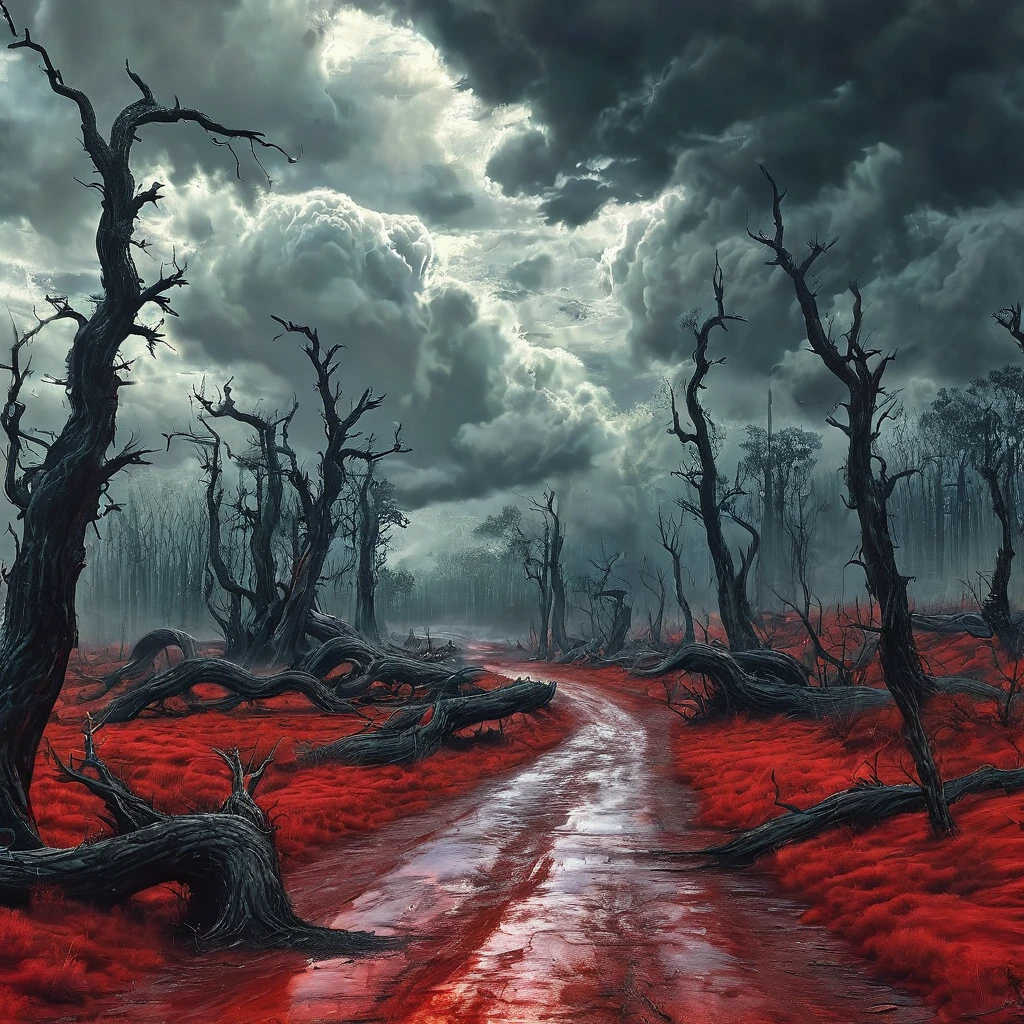 road to hell,Dead trees,blood red snake,Heavy clouds,Sinister,detailed matte painting,hyper-detailed charcoal drawing,oil painting by James Gurney,(Best quality,4K,8 K,a high resolution,masterpiece:1.2),ultra detailed,(realistic,photorealistic,photo-realistic:1.37),HDR,uhd,studio lighting,ultra fine painting,Sharp Focus,physically based rendering,very detailed description,professional,bright colors,hips,portraits,landscape,Horror,anime,Science fiction,photo,concept artists,Cool tones,moody lighting.