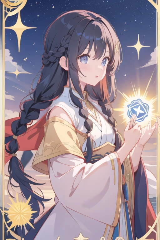 Tarot card motif、Girl with black braided hair、sun、