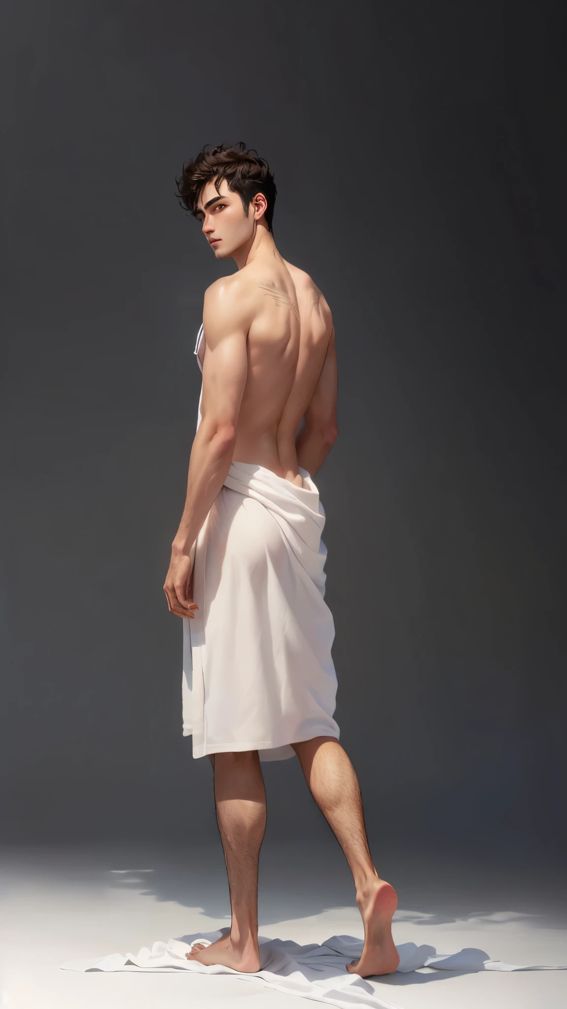 Arafed man in a towel stands on a white surface, wear a towel, white loincloth, full height from behind, Wear a white robe, in full height from behind, wear a loincloth, white skirt and bare chest, wear simple clothes, Wearing a simple robe, in a white coat, White sarong, in robes, "Hyper-realistic