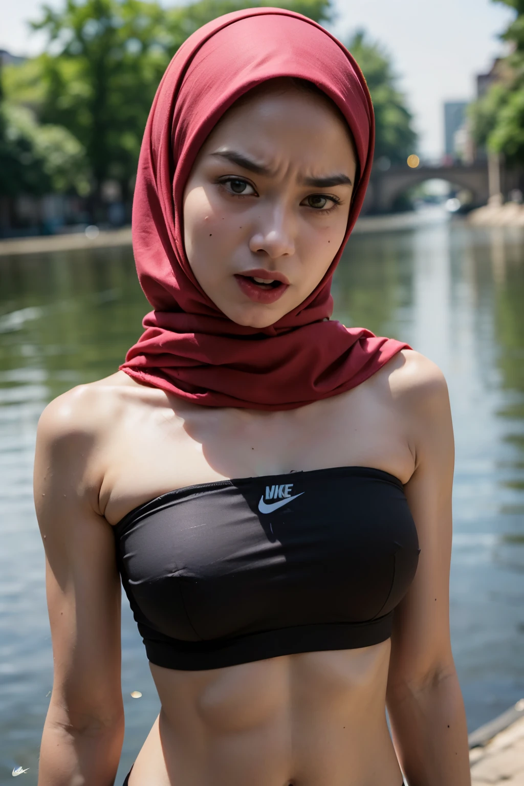 ((ANGRY FACE EXPRESSION :1.5)), ((ULTRA RESOLUTION)), ((UHD)), ((8K)), ((((HALF BODY PORTRAIT)))), ((BUSTY BREASTS)) A very angry facial reaction (NAKED PINK HIJAB), ((NIKE SPORTS STRAPLESS & PANTIES)) NAKED AT RIVER, (THIN SMALL TINY TITS), (THIN SMALL TINY TITS), (THIN SMALL TINY TITS), (THIN SMALL TINY TITS), VERY Thin Body, (DARK SKIN :1.2), ((Arm Muscles :1.5))