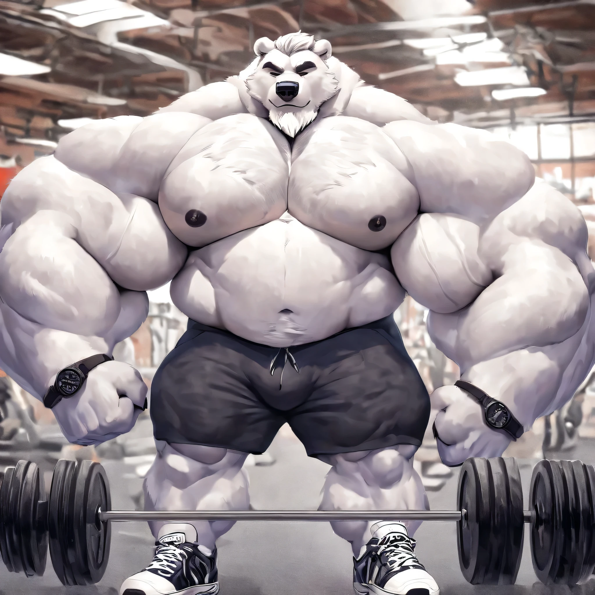 Solo, 1boy, huge muscular polar bear in L.A. Gym Bodyworks, big grunt, polar bear, huge white fur, thick arm, huge arm, bearded. white hair and beard, bearded, (huge muscular, huge pectoral, wide pectoral, huge thick arms), bulky, bulking, hulking, correct anatomy, gym equipments, barbells, dumbells, workout machines, wall mirrors, realistic, 8k, masterpiece, detailed gray eyebrows, deatiled eyes, (wearing black shorts, wristband, watch, shirtless and topless and white shoes), pumping irons